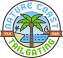 Nature Coast Tailgating Logo with palm tree and beach scene in blue and green